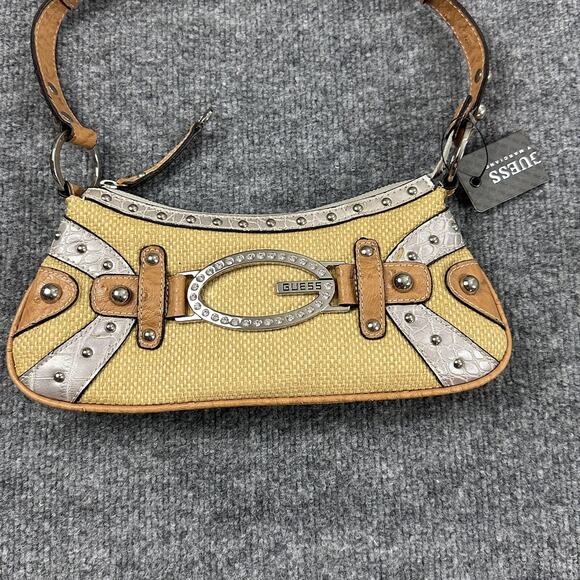Vintage Guess Raffia Shoulder Bag Yellow Baguette Rhinestone Y2K 90s 2000s - Picture 2 of 14